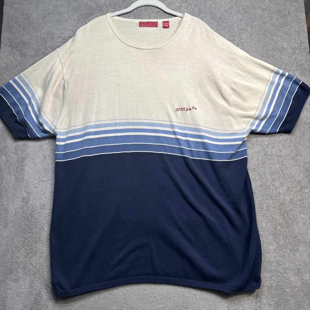 Reynolds & Perry T Shirt Mens XXL Beige Blue Ombre Stripe Crew Neck Short Sleeve